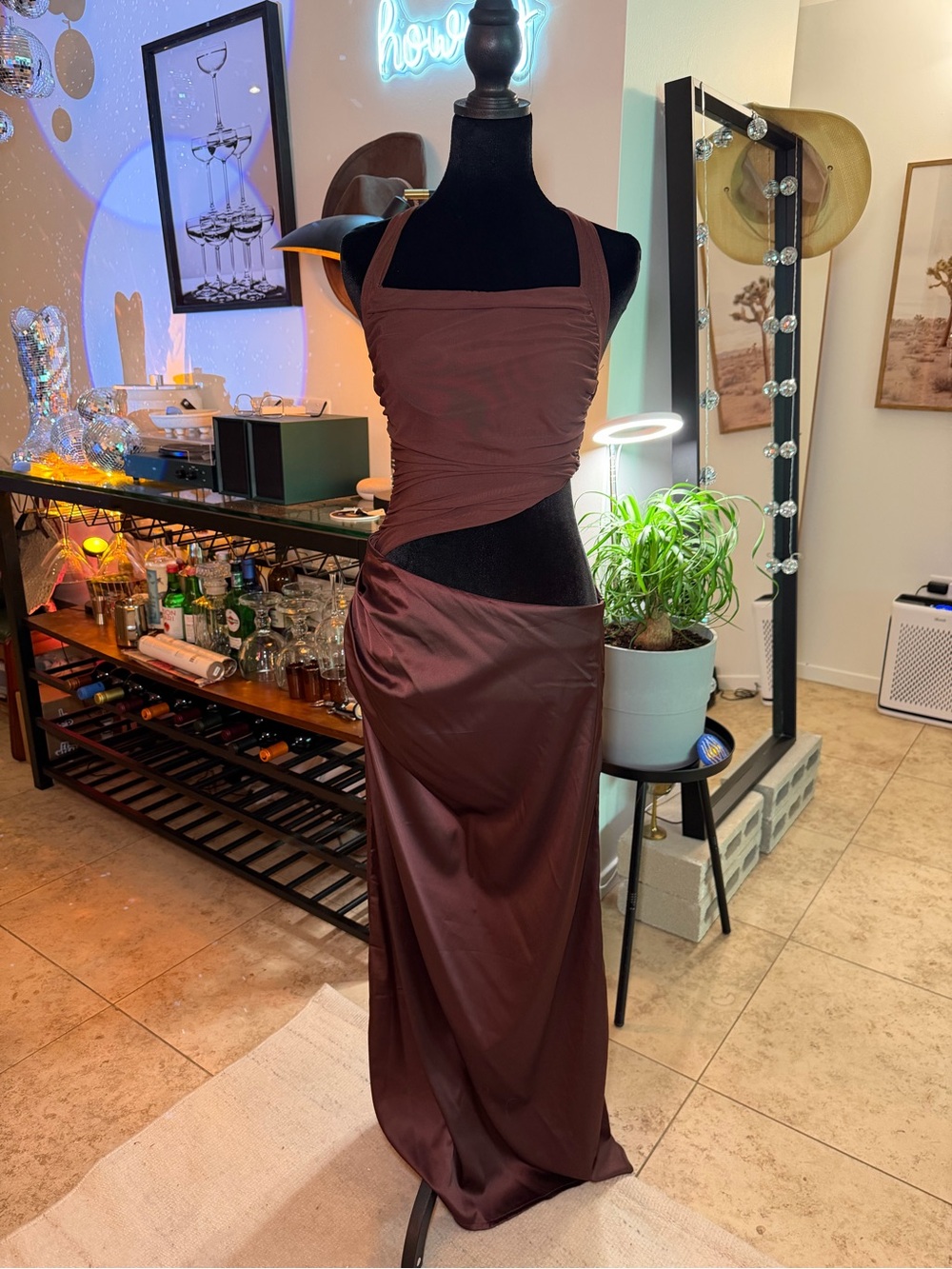 Amazon Asymmetrical Cutout Satin Maxi Dress in Deep Brown